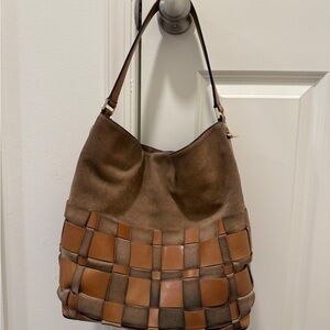 Michael Kors Vivian Woven Hobo Shoulder Bag Suede & Leather Brown Gold Hardware